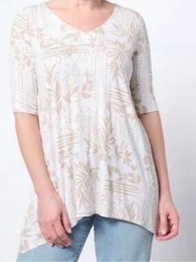 New Belle by Kim Gravel Rayon Spandex Paradise Elbow Sleeve Tunic Sandbar Large